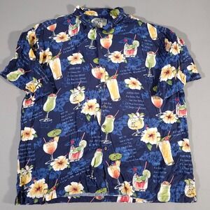 Big Dogs Button Down Shirt Mens 2X Blue Tropical Cocktail Recipe Rayon Aloha